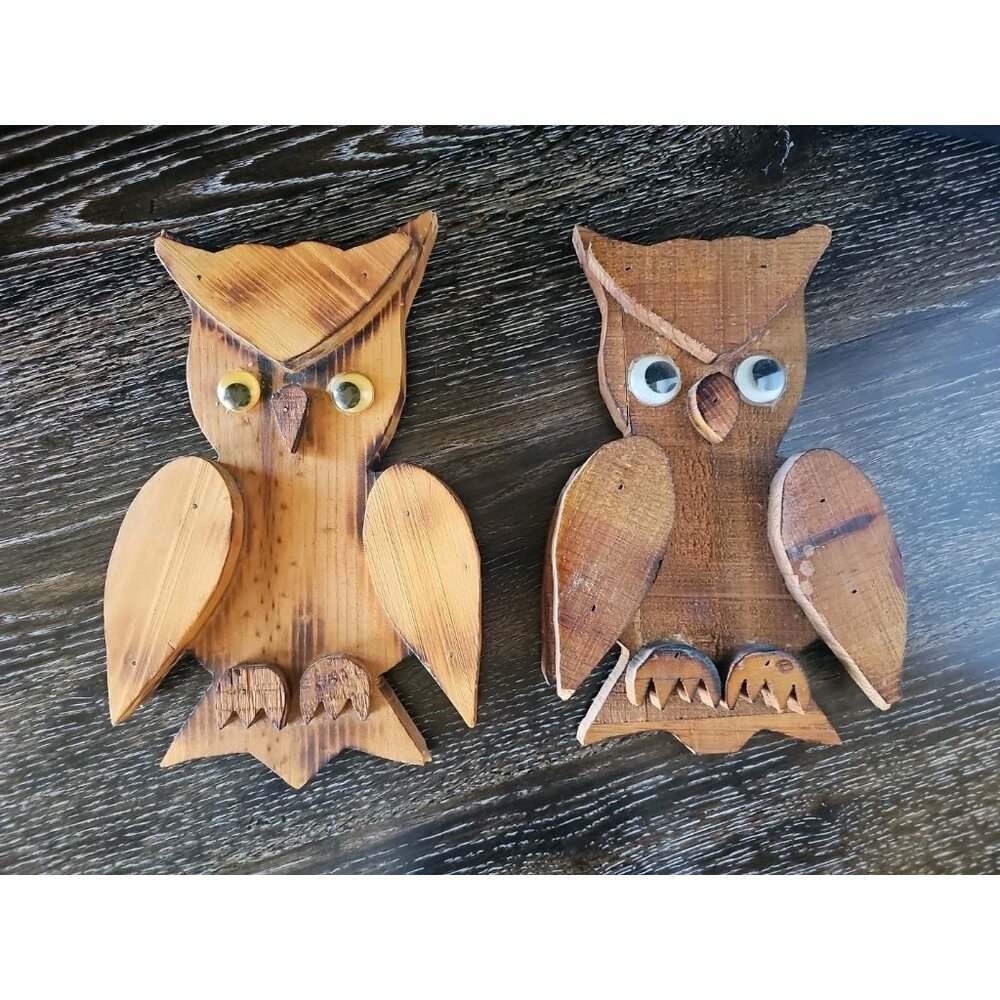 1970's Hanging Homemade Vintage Wooden Owls